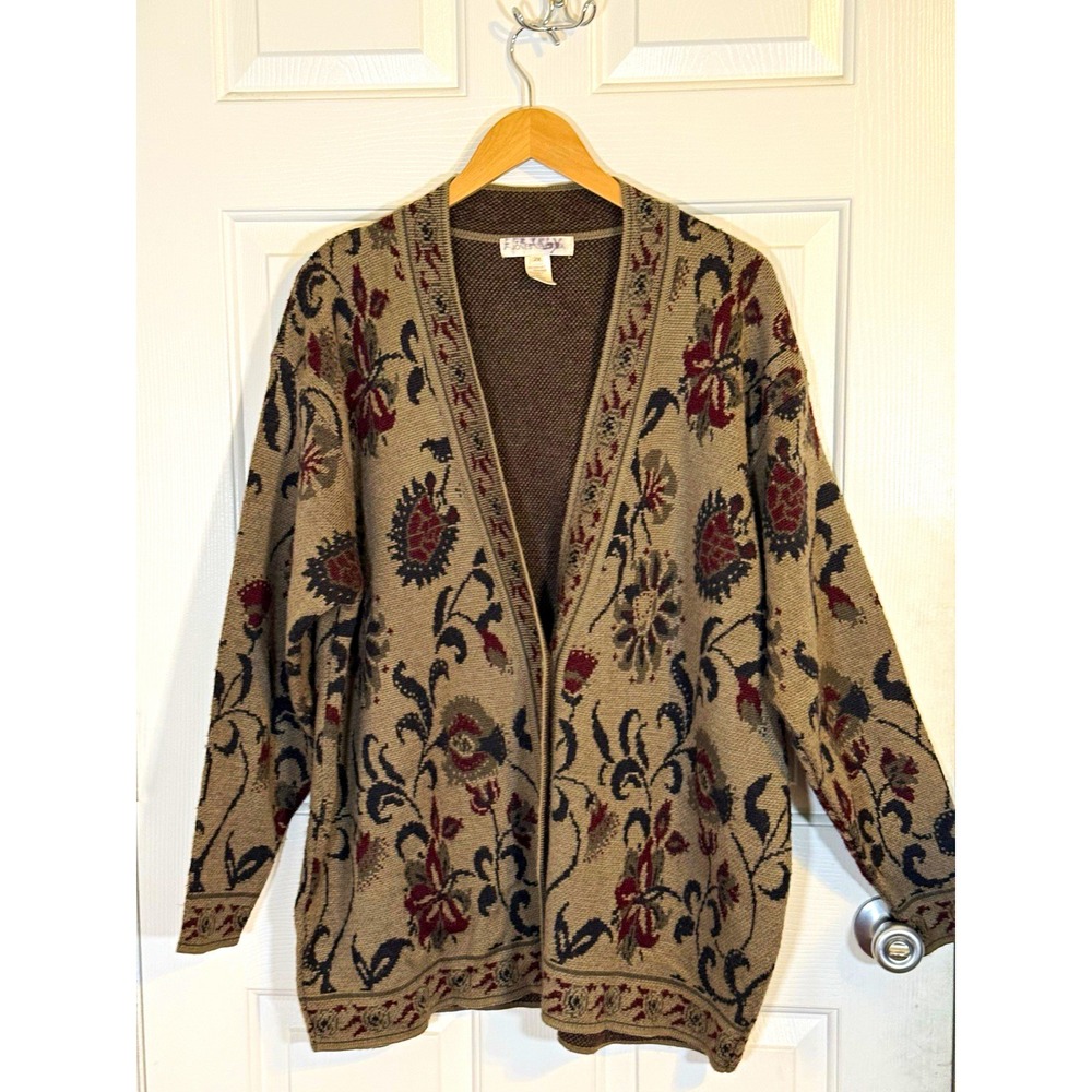 Vitg Jones NY Tan Red floral Grandma boho cardigan 2X V-Neck 30% wool fall